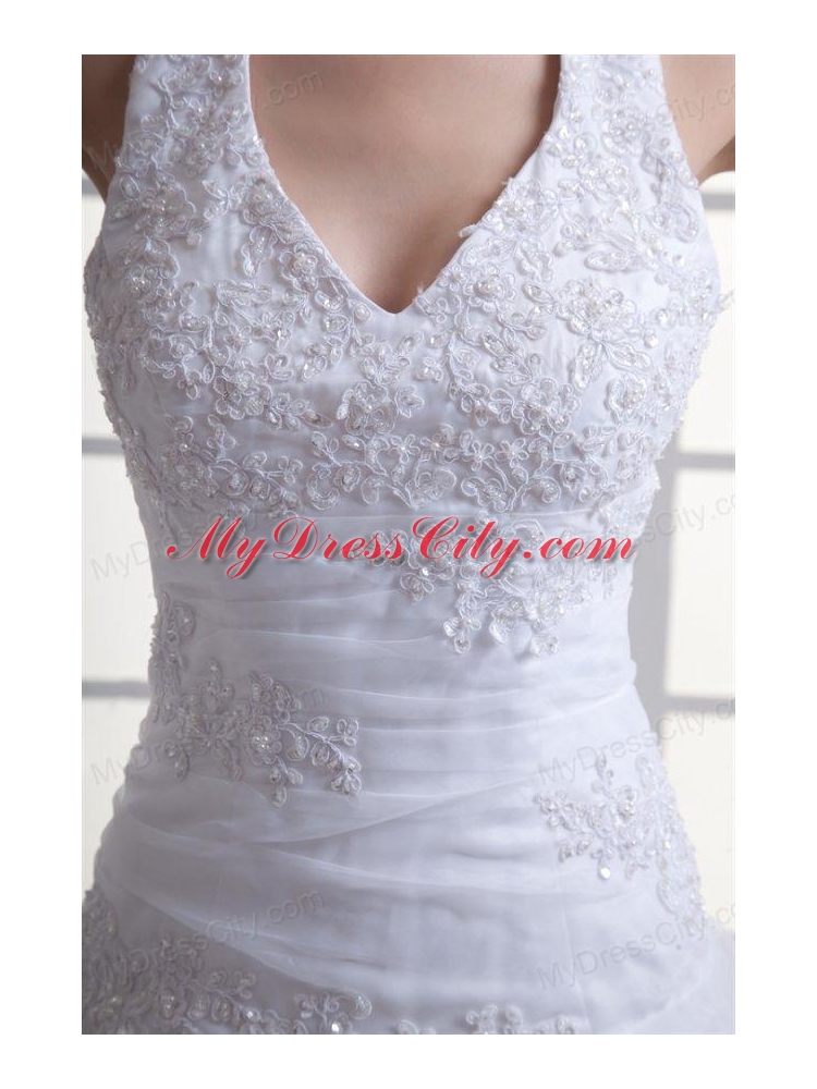 A-line Halter Top Appliques and Ruching Court Train Wedding Dress