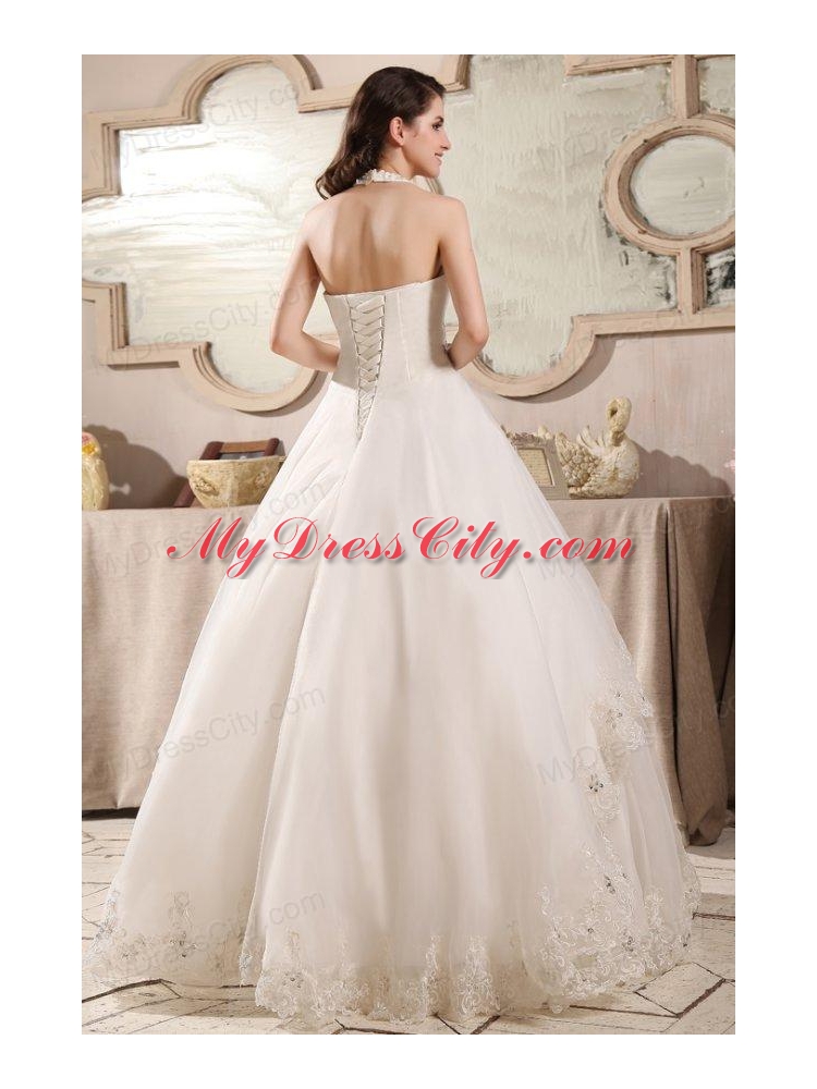 A-line Ivory Halter Top Appliques Floor-length Organza Wedding Dress