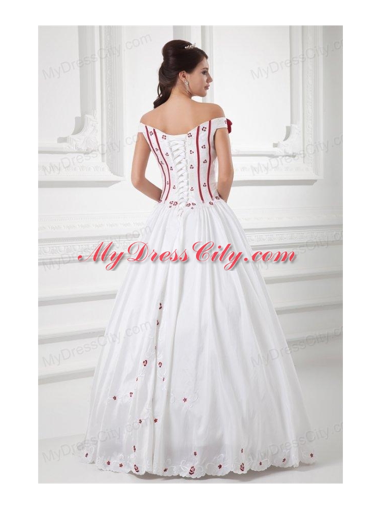 A-line Off The Shoulder Appliques and Hand Made Flowers Wedding Dress