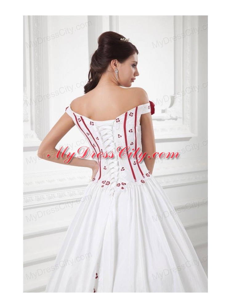 A-line Off The Shoulder Appliques and Hand Made Flowers Wedding Dress