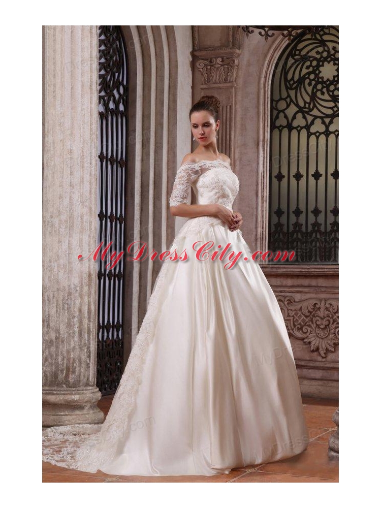 A-Line Off The Shoulder Brush Train Lace Appliques Wedding Dress