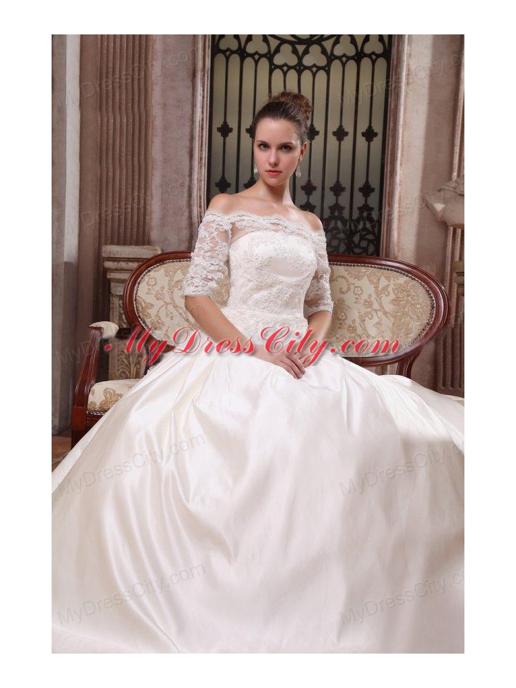 A-Line Off The Shoulder Brush Train Lace Appliques Wedding Dress