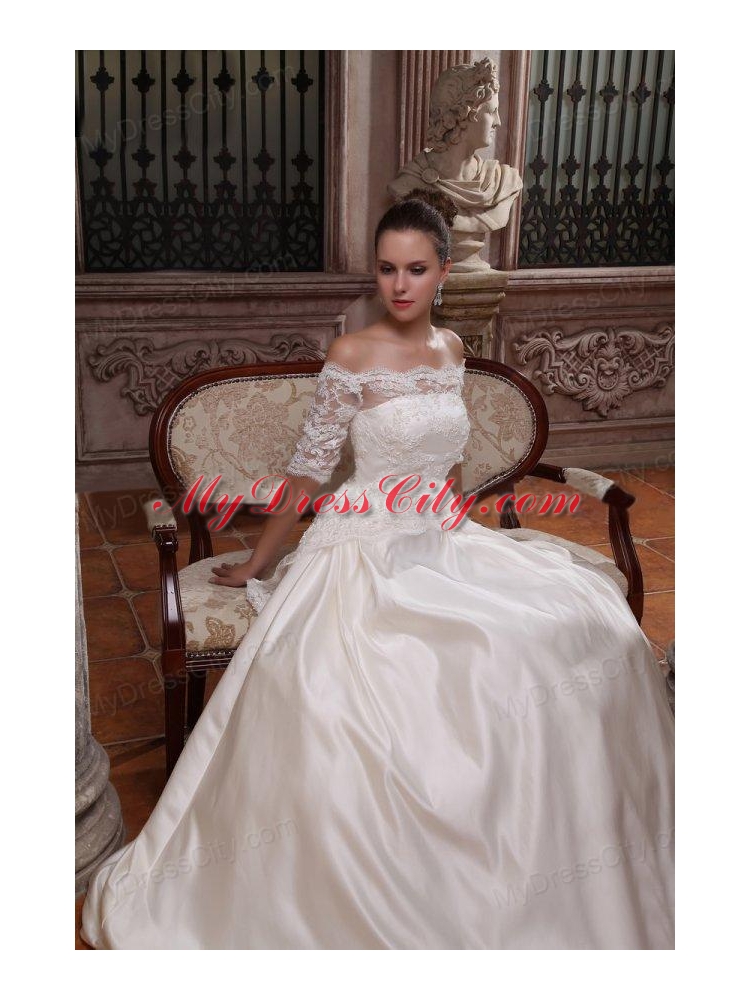 A-Line Off The Shoulder Brush Train Lace Appliques Wedding Dress