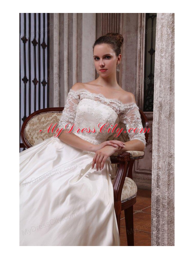 A-Line Off The Shoulder Brush Train Lace Appliques Wedding Dress