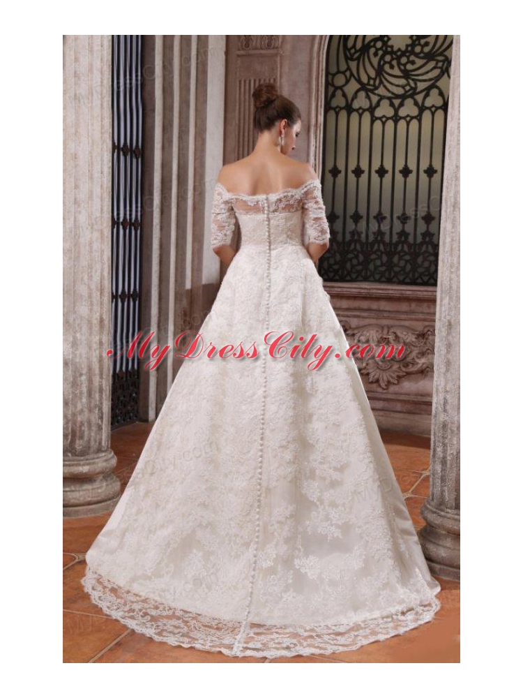 A-Line Off The Shoulder Brush Train Lace Appliques Wedding Dress