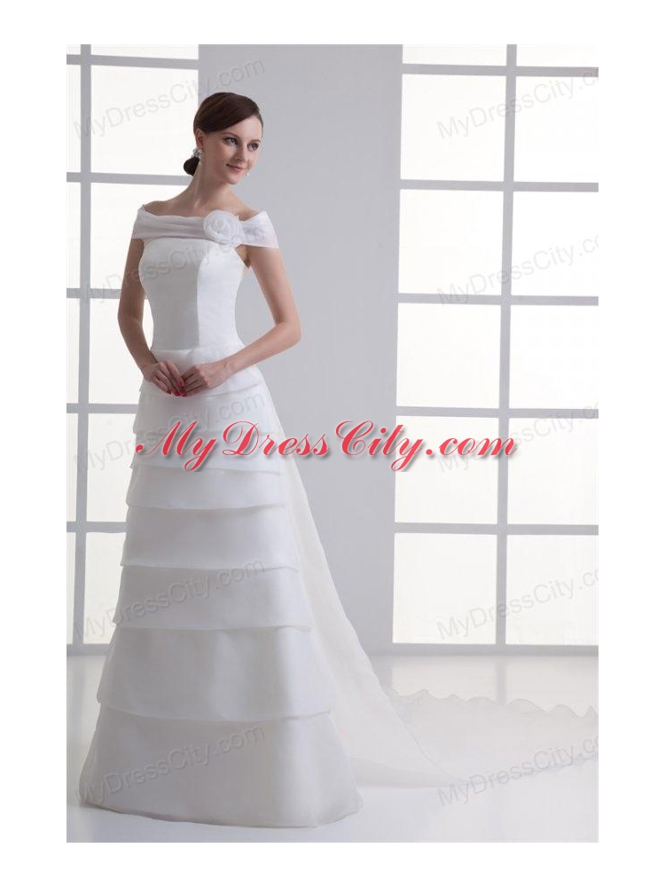 A-Line Off The Shoulder Organza Wedding Dress with Watteau Train