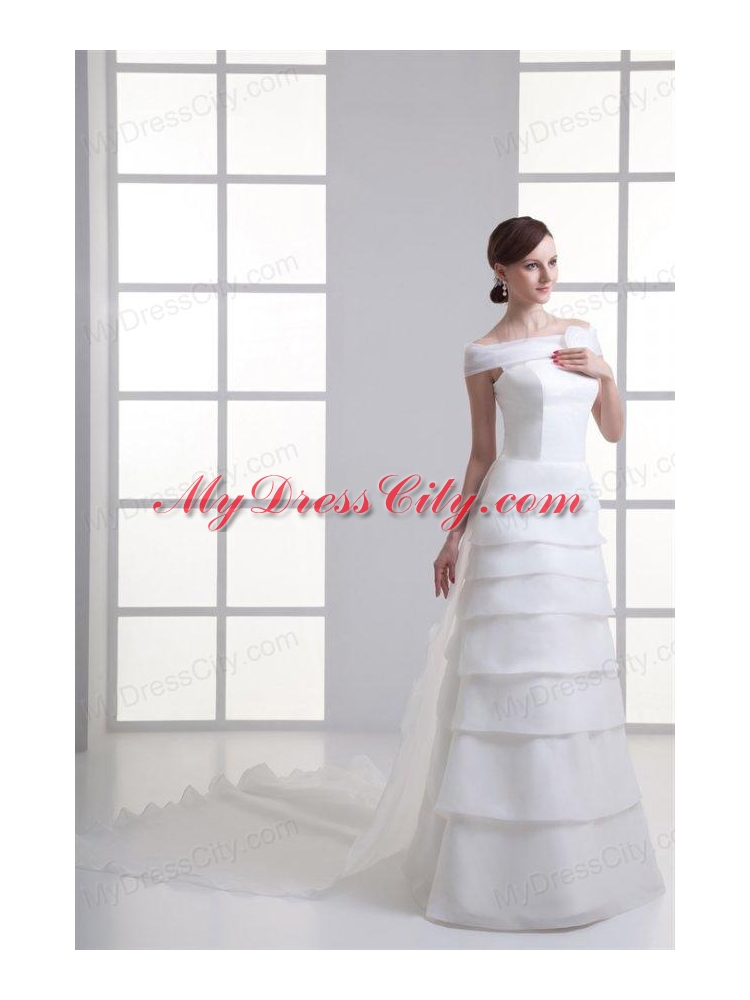 A-Line Off The Shoulder Organza Wedding Dress with Watteau Train