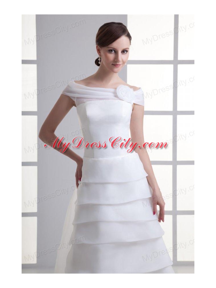 A-Line Off The Shoulder Organza Wedding Dress with Watteau Train