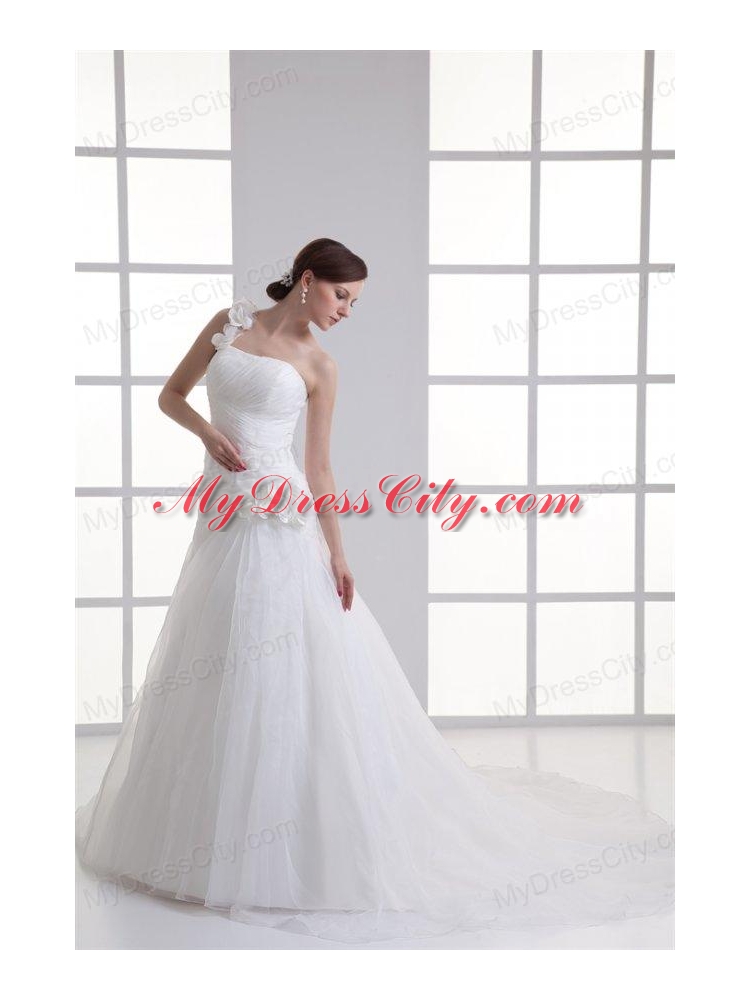 A-line One Shoulder Appliques Ruching Court  Train Wedding Dress