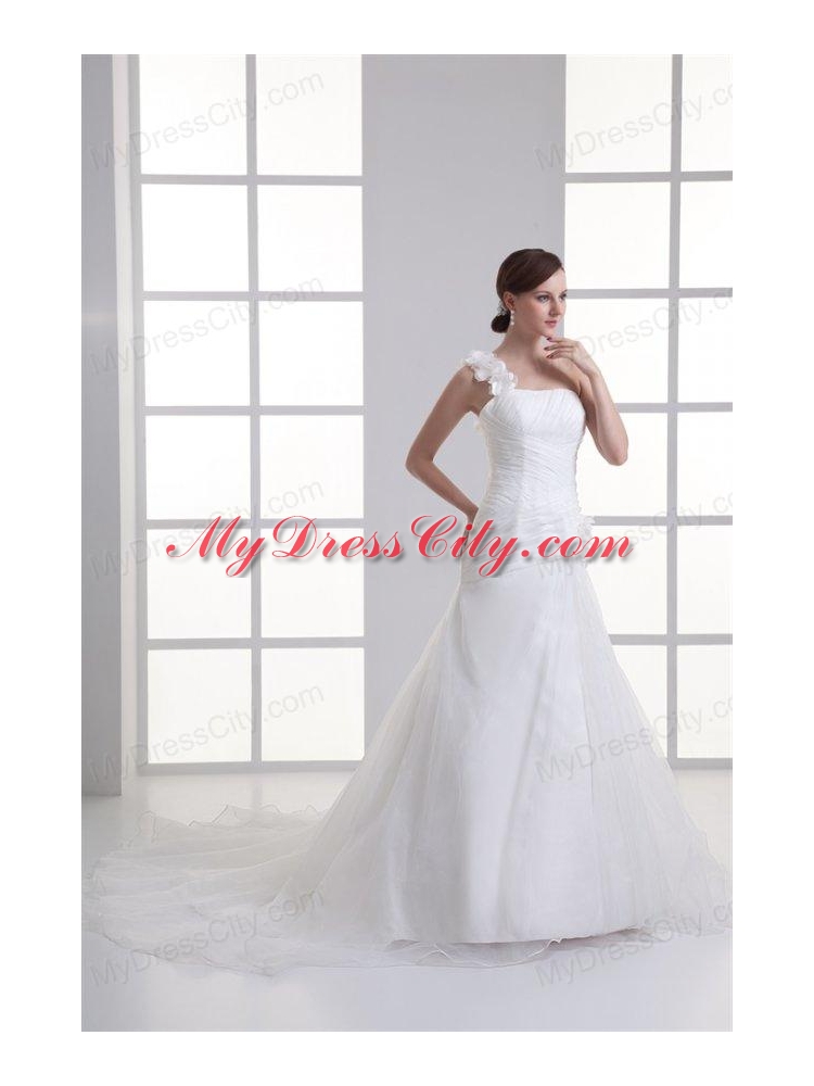 A-line One Shoulder Appliques Ruching Court  Train Wedding Dress