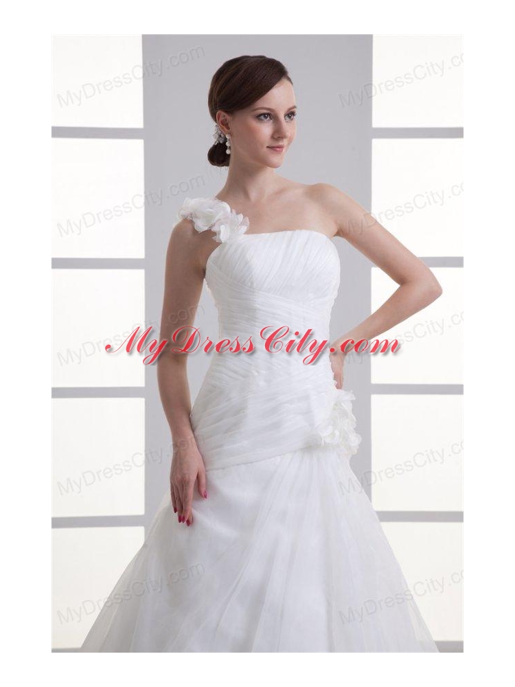 A-line One Shoulder Appliques Ruching Court  Train Wedding Dress