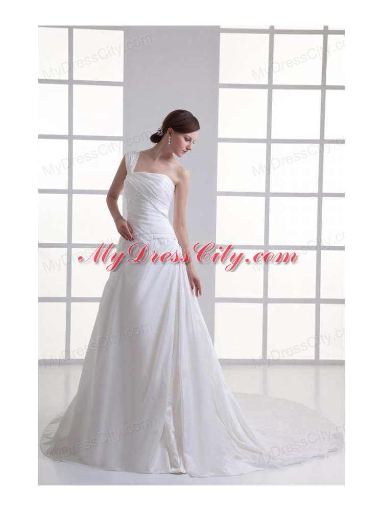 A-line One Shoulder Ruching Chiffon Court Train Wedding Dress