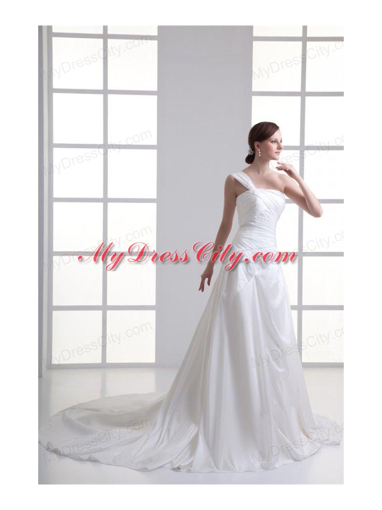 A-line One Shoulder Ruching Chiffon Court Train Wedding Dress