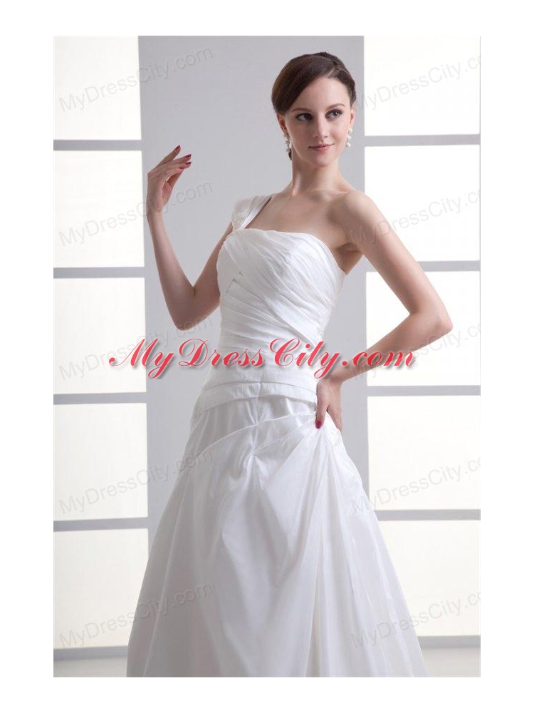 A-line One Shoulder Ruching Chiffon Court Train Wedding Dress