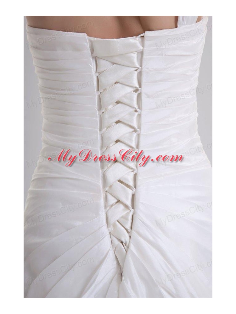 A-line One Shoulder Ruching Chiffon Court Train Wedding Dress