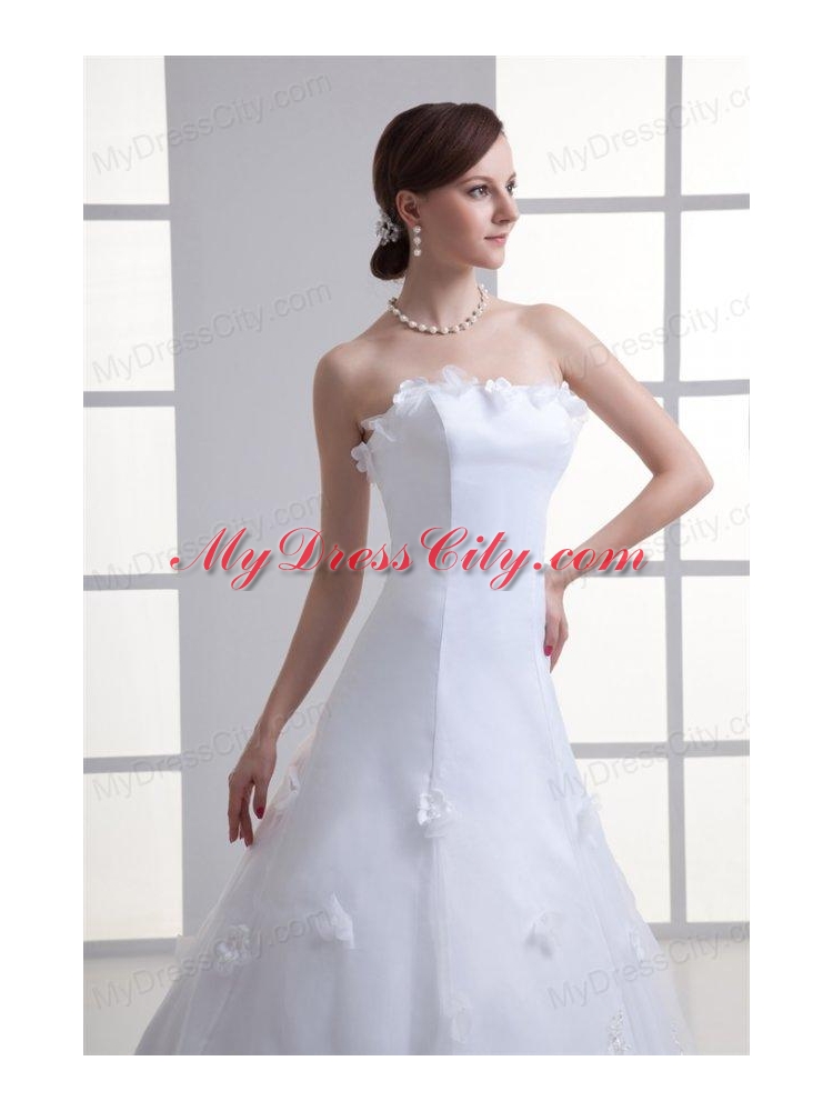 A-line Strapless Appliques Lace Court Train Wedding Dress