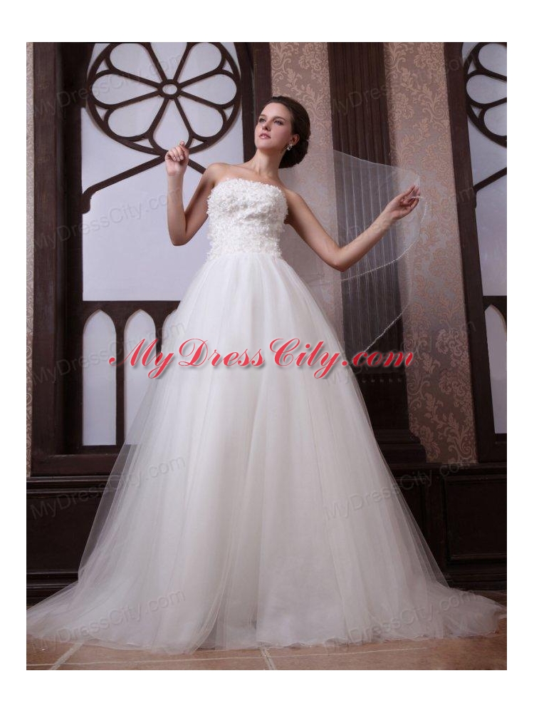 A-Line Strapless Beading Tulle and Organza Zipper Up Wedding Dress