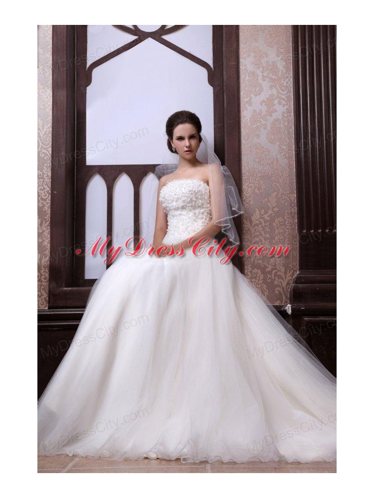 A-Line Strapless Beading Tulle and Organza Zipper Up Wedding Dress