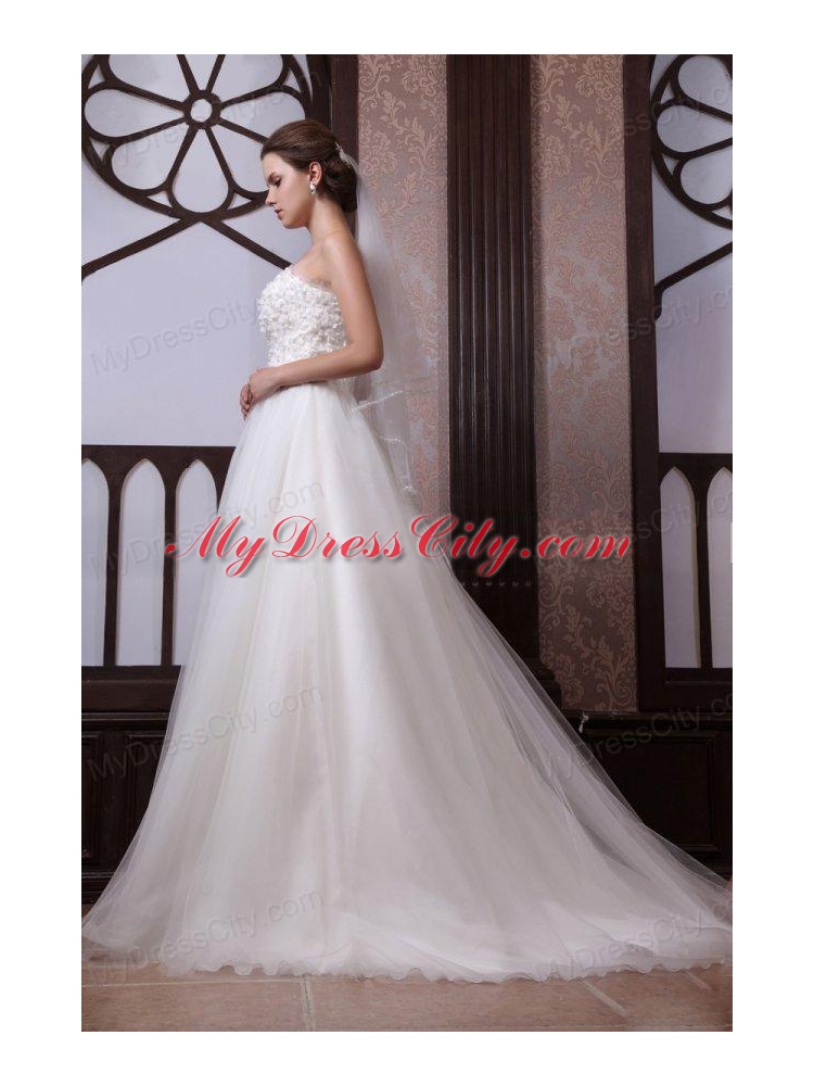 A-Line Strapless Beading Tulle and Organza Zipper Up Wedding Dress