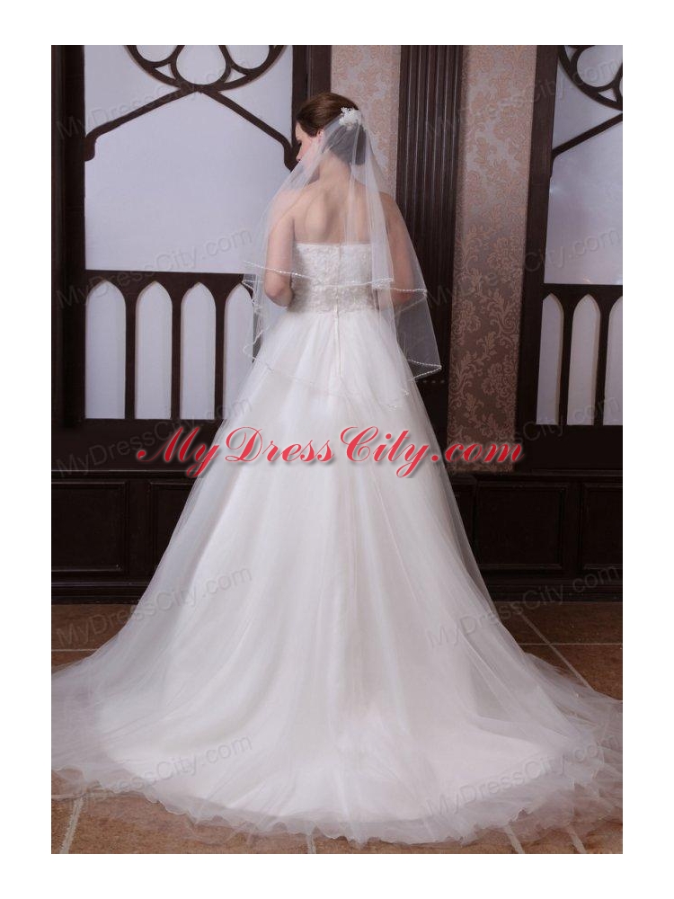 A-Line Strapless Beading Tulle and Organza Zipper Up Wedding Dress