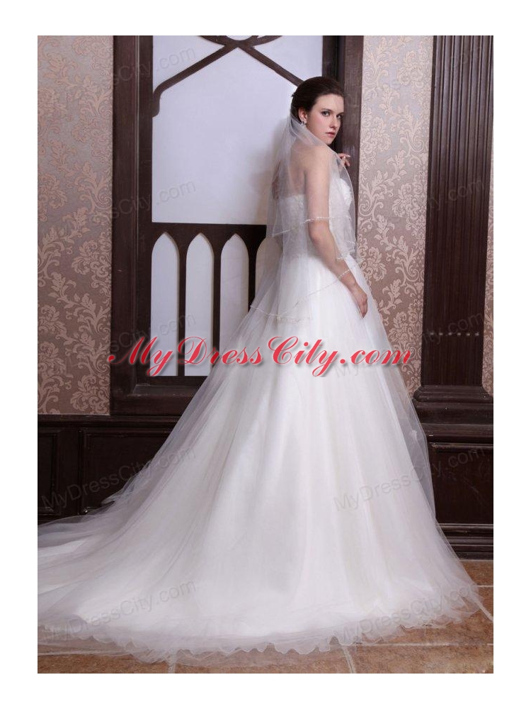 A-Line Strapless Beading Tulle and Organza Zipper Up Wedding Dress