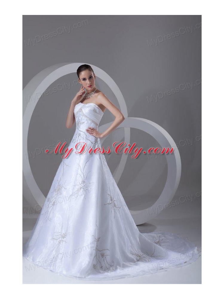 A-line Strapless Embroidery and Beading Court Train Wedding Dress