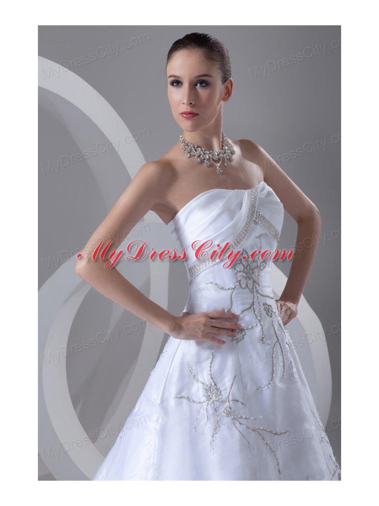 A-line Strapless Embroidery and Beading Court Train Wedding Dress