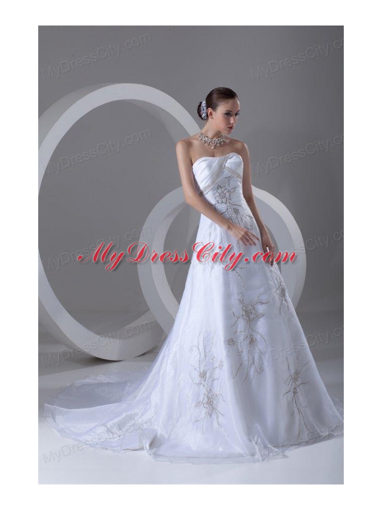 A-line Strapless Embroidery and Beading Court Train Wedding Dress