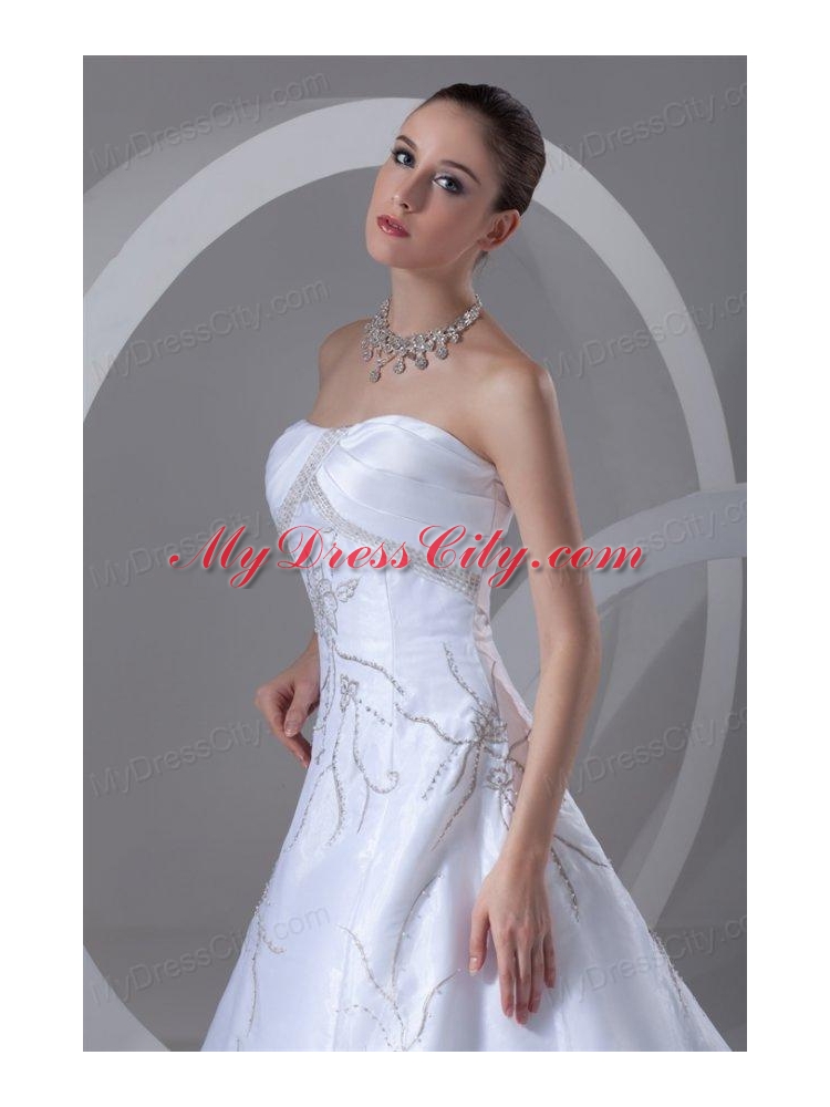 A-line Strapless Embroidery and Beading Court Train Wedding Dress