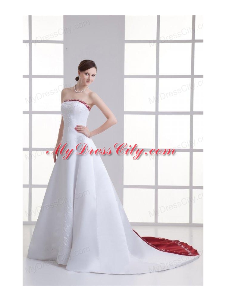 A-line Strapless Embroidery Chapel Train Satin Wedding Dress