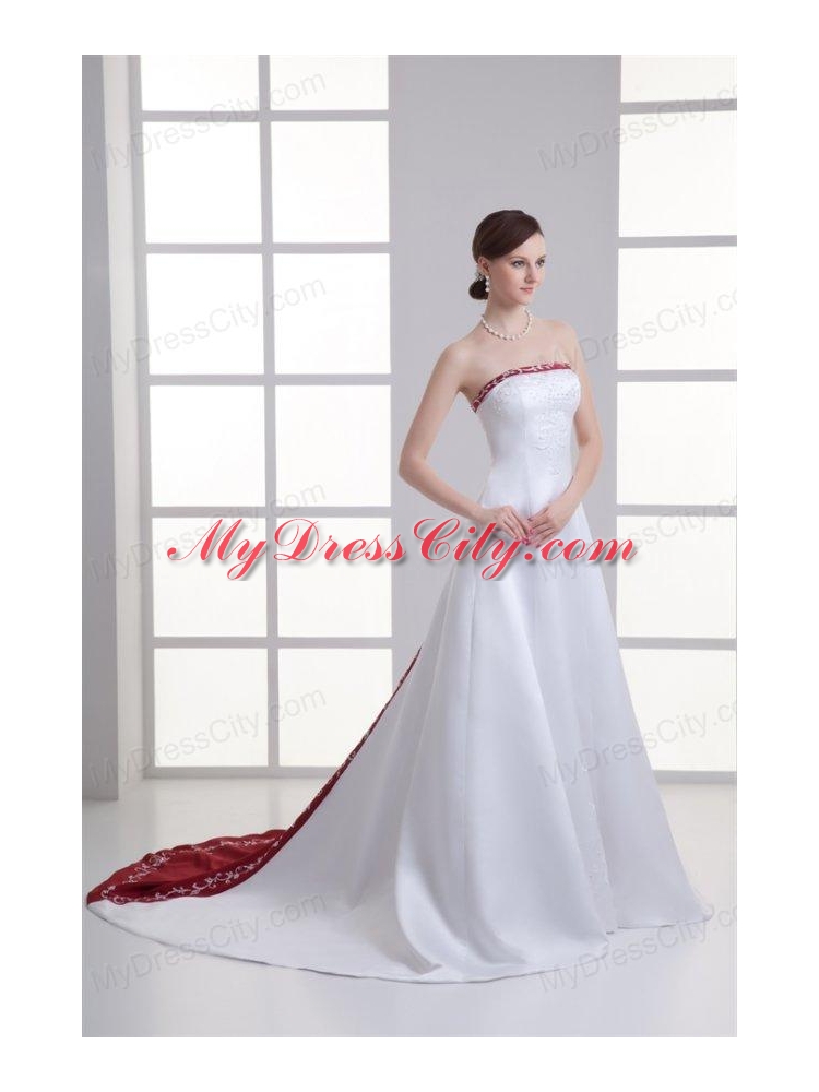 A-line Strapless Embroidery Chapel Train Satin Wedding Dress