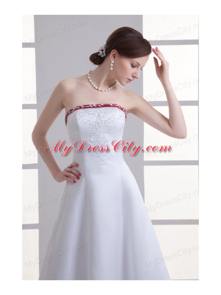 A-line Strapless Embroidery Chapel Train Satin Wedding Dress