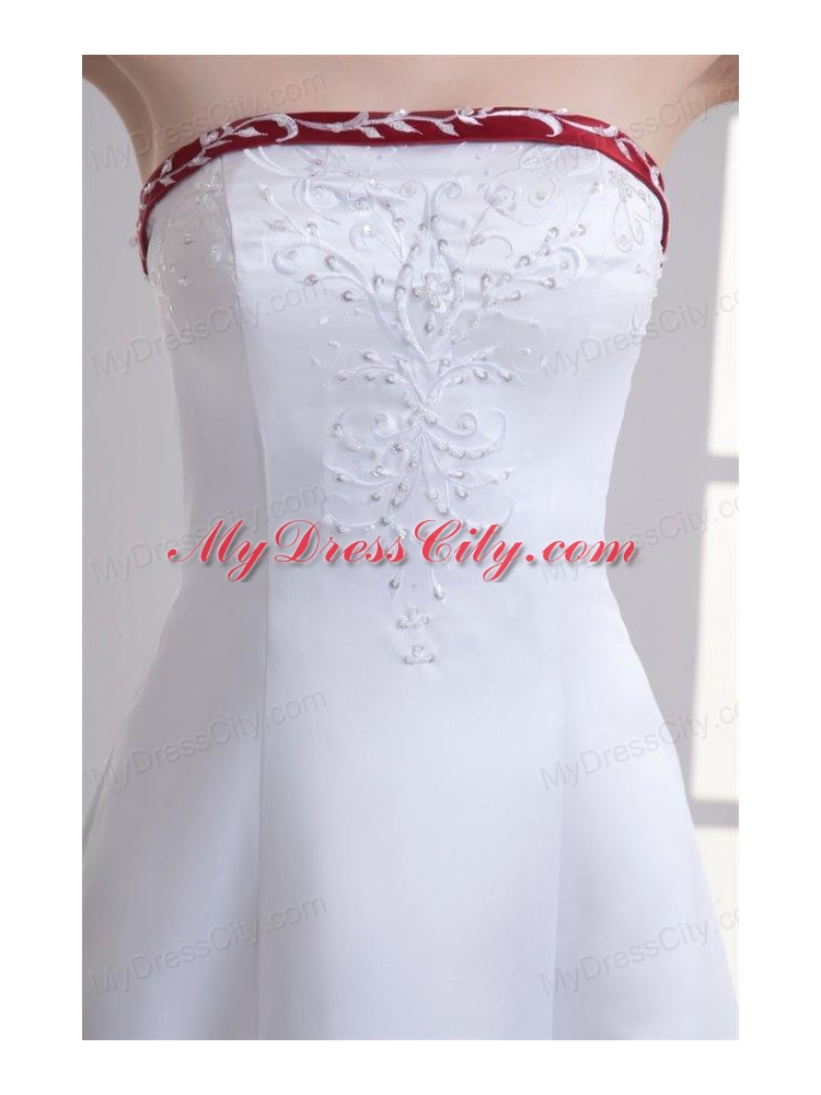 A-line Strapless Embroidery Chapel Train Satin Wedding Dress