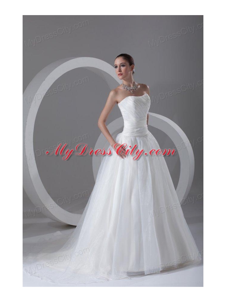 A-line Strapless Ruching Brush Train Organza Wedding Dress