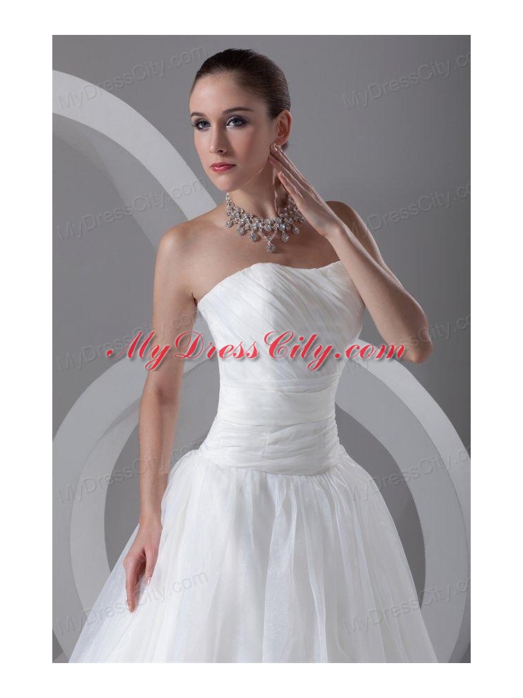 A-line Strapless Ruching Brush Train Organza Wedding Dress