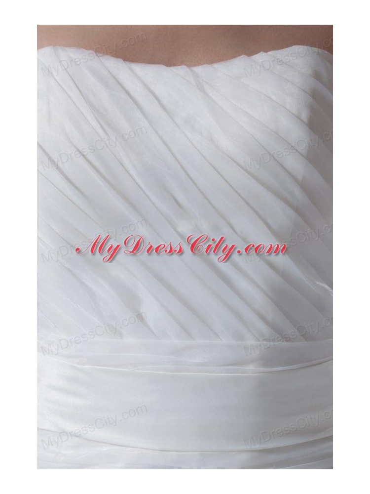 A-line Strapless Ruching Brush Train Organza Wedding Dress