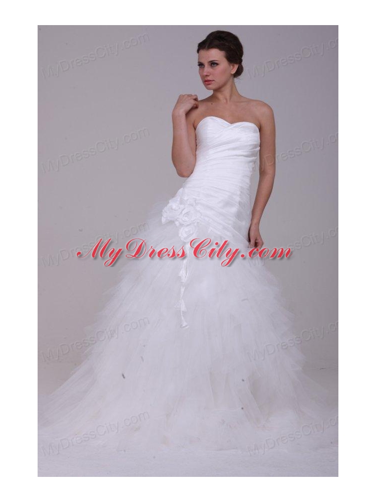 A-Line Strapless Ruching Tulle Wedding Dress with Brush Train