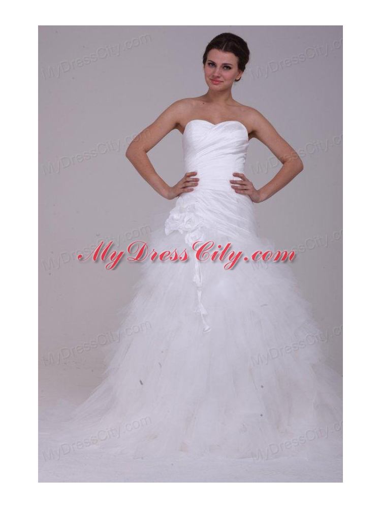 A-Line Strapless Ruching Tulle Wedding Dress with Brush Train