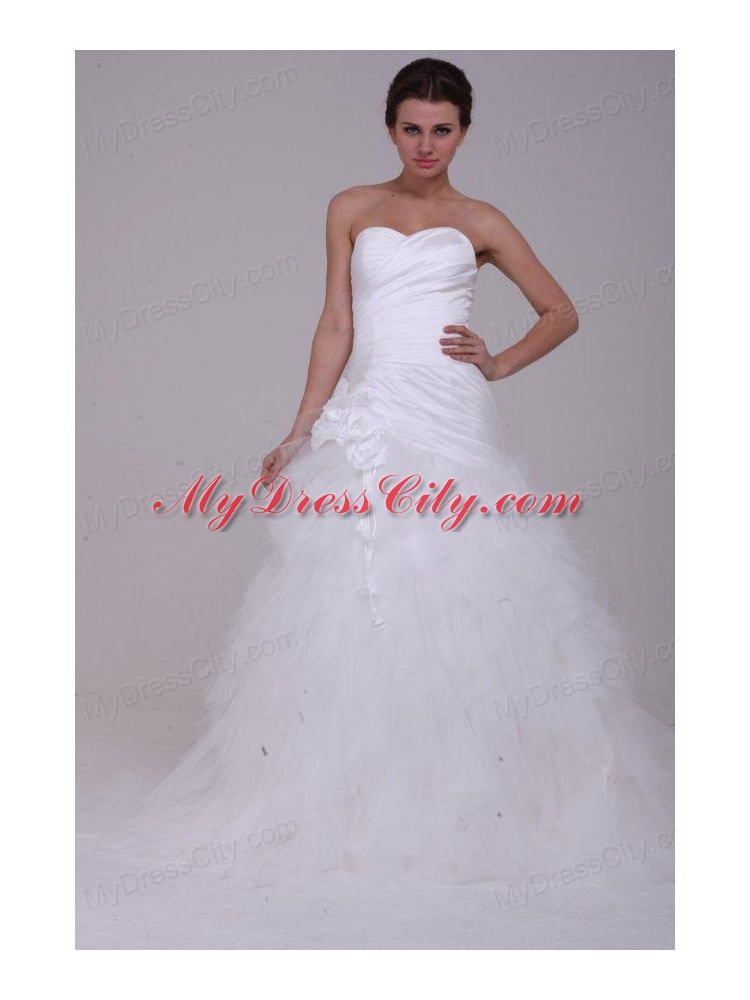 A-Line Strapless Ruching Tulle Wedding Dress with Brush Train