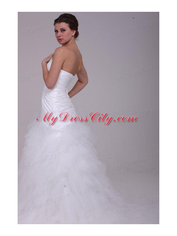 A-Line Strapless Ruching Tulle Wedding Dress with Brush Train