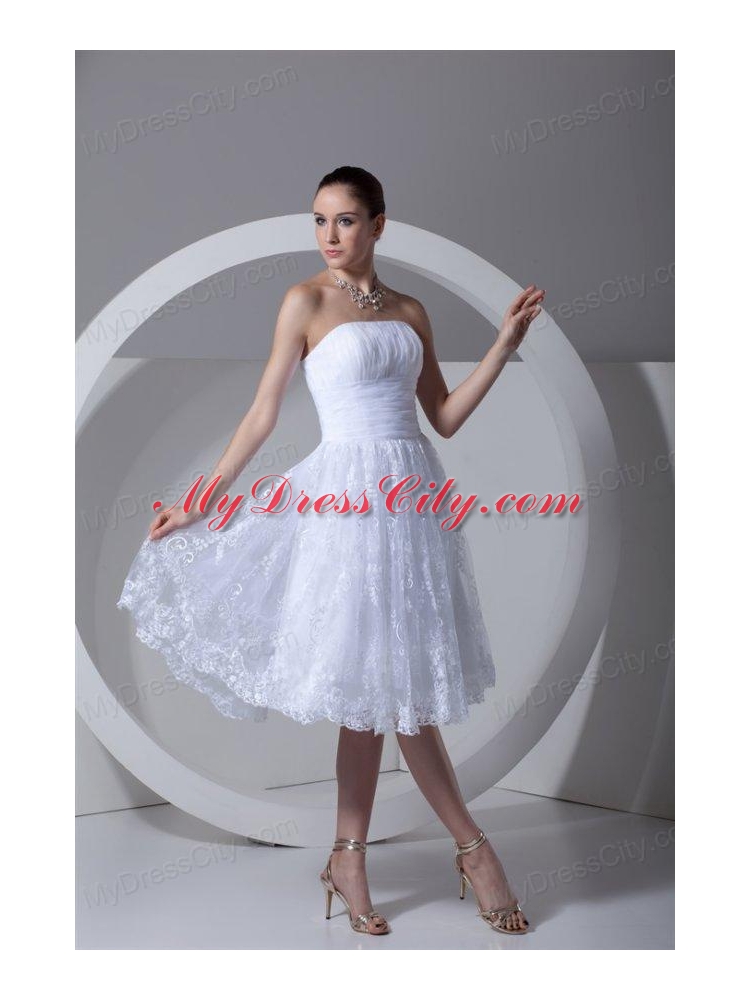 A-Line Strapless Tea-length Lace and Ruching Wedding Dress