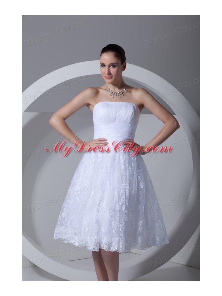 A-Line Strapless Tea-length Lace and Ruching Wedding Dress