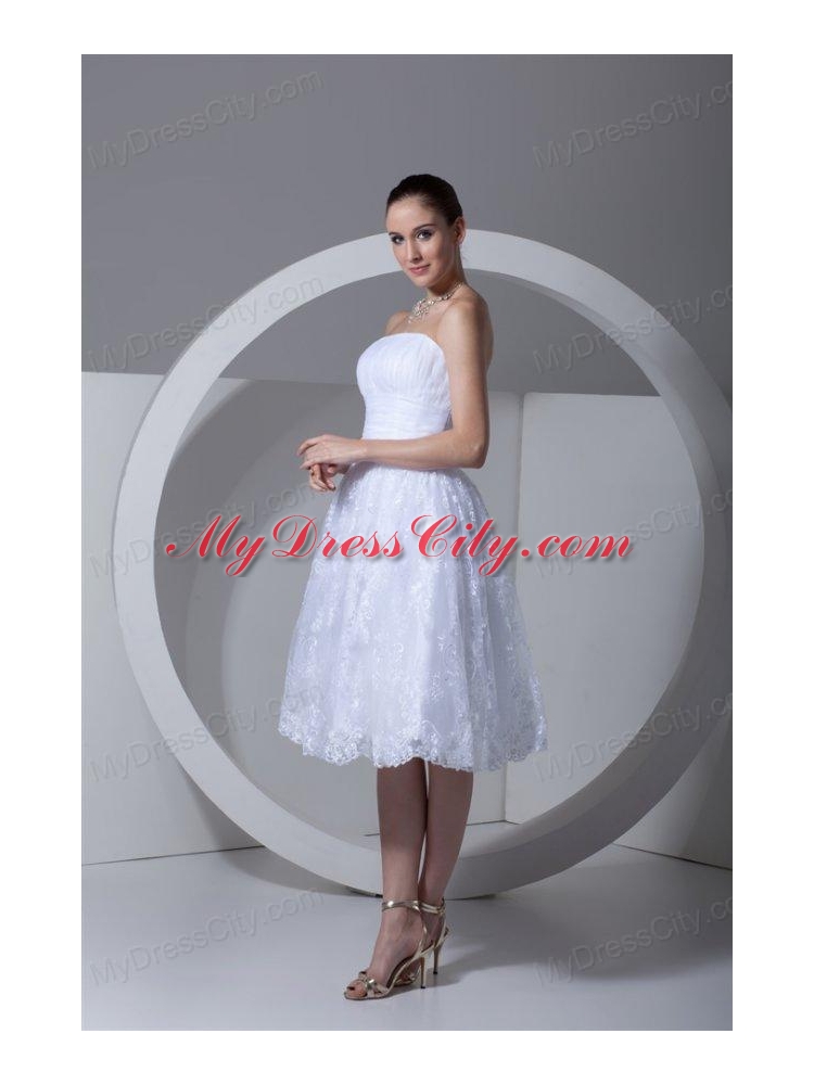 A-Line Strapless Tea-length Lace and Ruching Wedding Dress