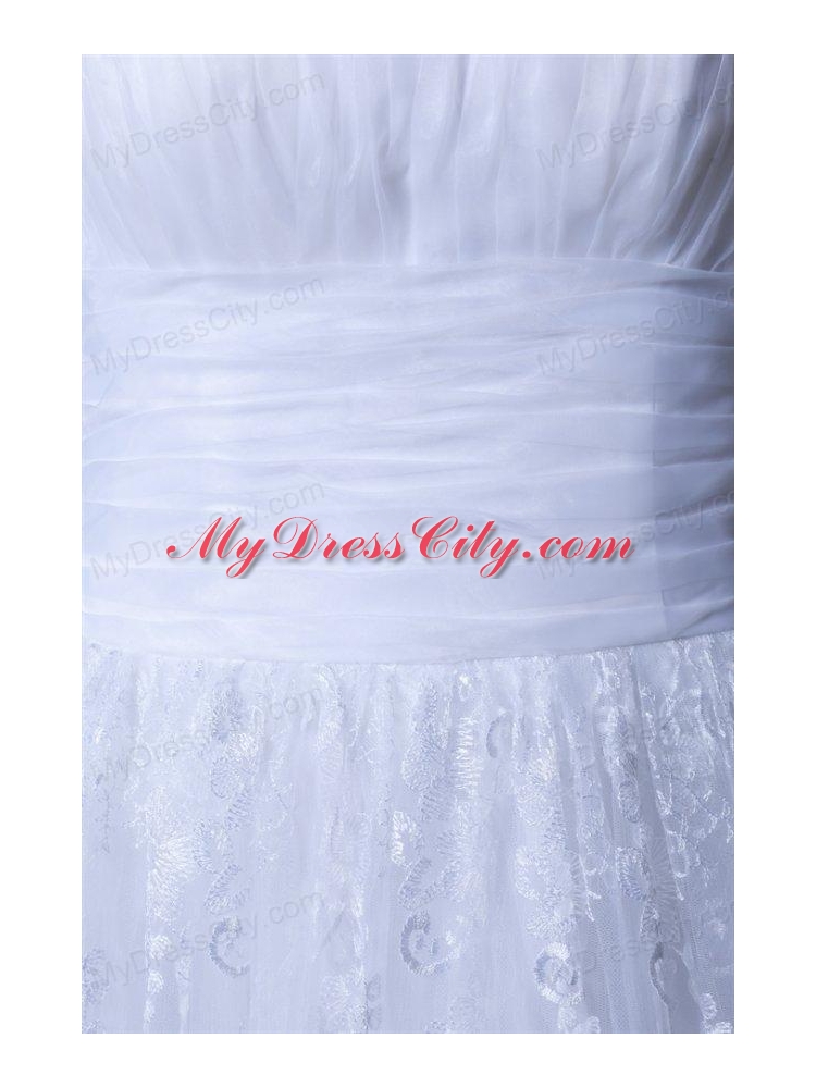 A-Line Strapless Tea-length Lace and Ruching Wedding Dress