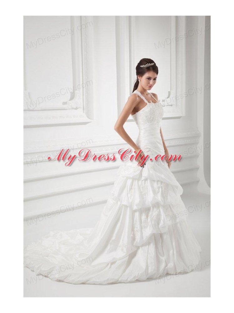 A-line Straps Appliques and Pick-ups Court Train Wedding Dress