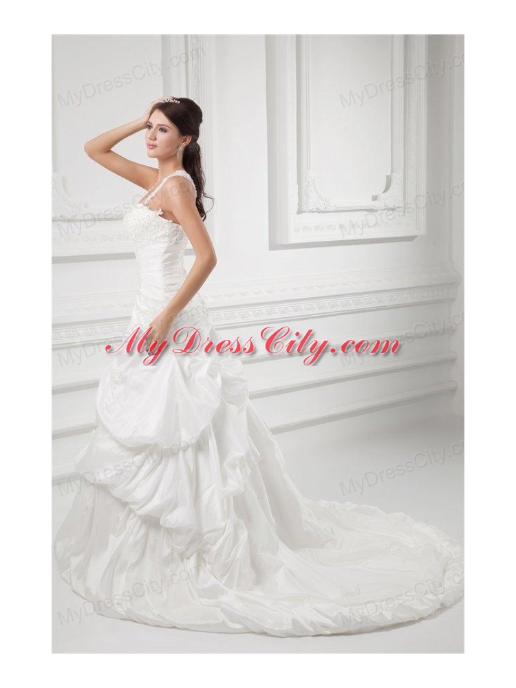 A-line Straps Appliques and Pick-ups Court Train Wedding Dress