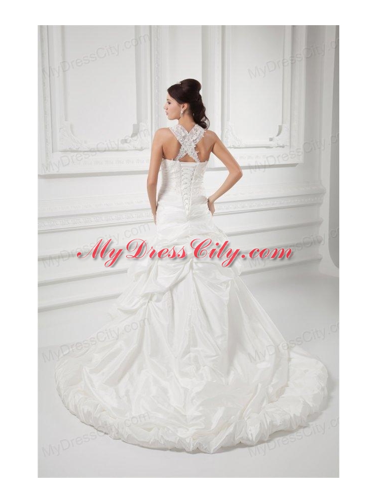 A-line Straps Appliques and Pick-ups Court Train Wedding Dress