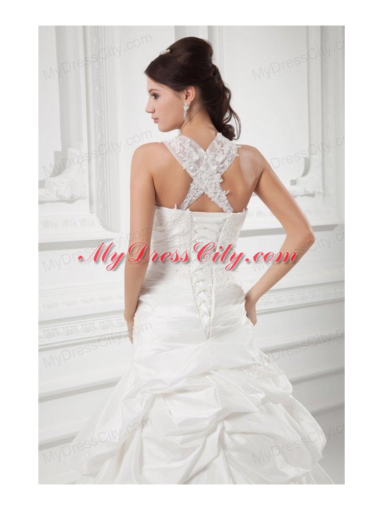 A-line Straps Appliques and Pick-ups Court Train Wedding Dress