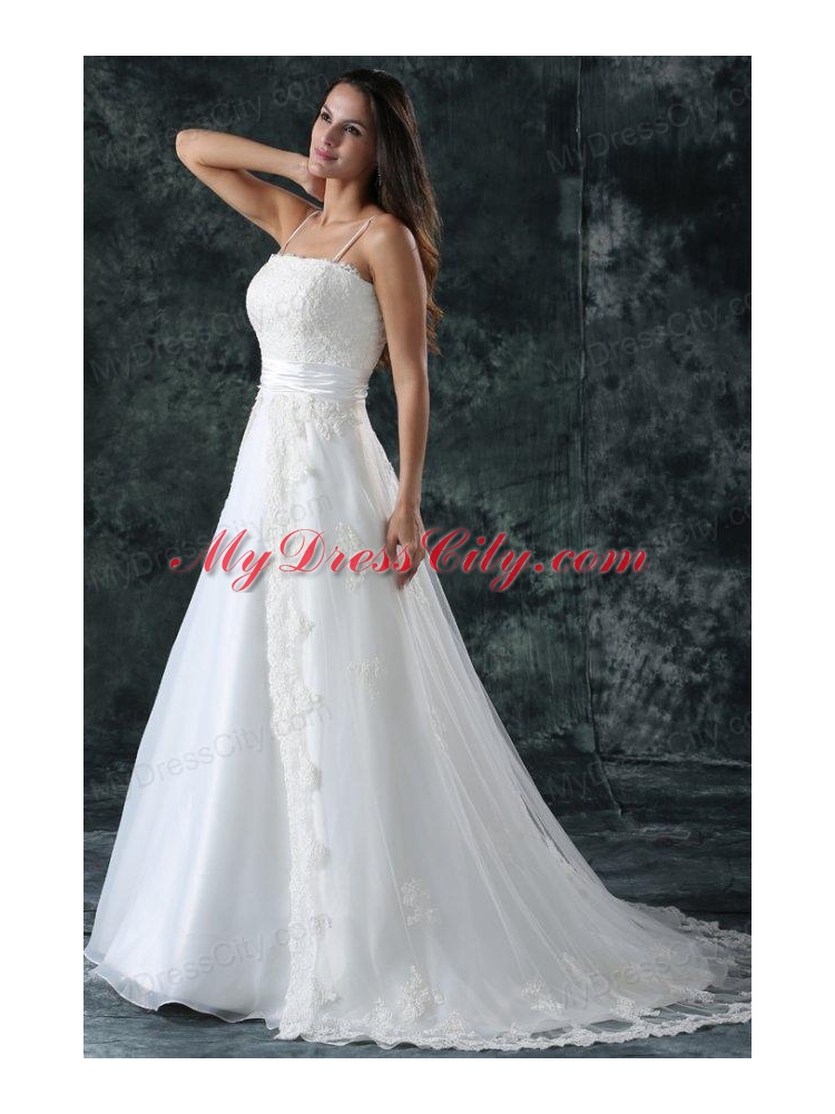 A-Line Straps Appliques Lace Up Tulle Wedding Dress with Court Train