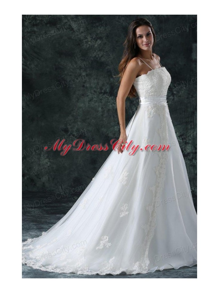 A-Line Straps Appliques Lace Up Tulle Wedding Dress with Court Train